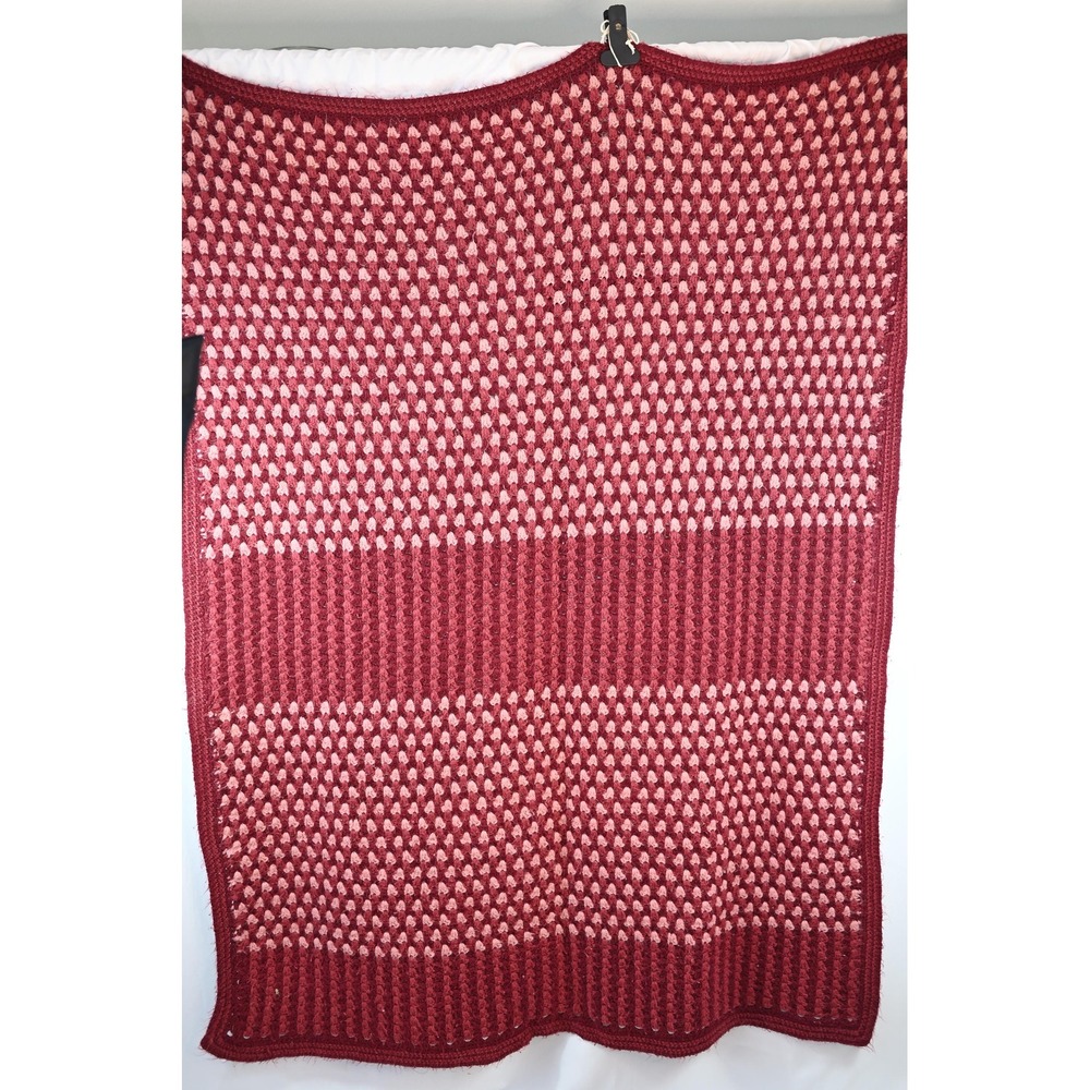 Vintage Pink and Burgundy Crochet Blanket Throw Cotton 46x64 Handcrafted